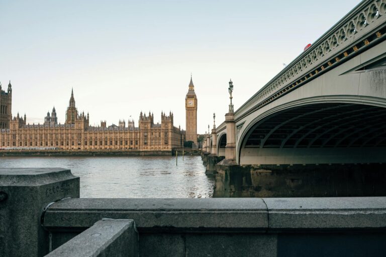 View of Big Ben and Westminster Bridge at dusk in London, England, UK.